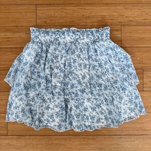 Vestique Blue White Floral Ruffle Mini Skirt Medium Lined Elastic Waist Feminine
